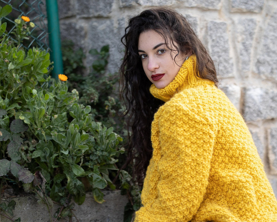 Wool Sweater Yellow Moss Stitch Knit, Hand Knitted 100% Wool Jumper T960