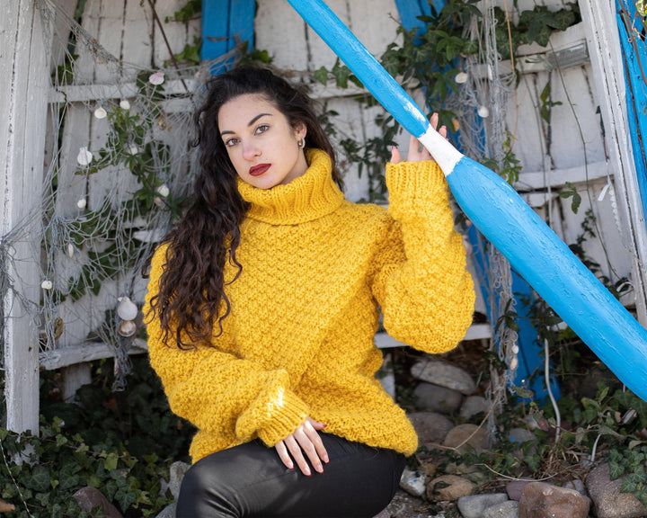 Wool Sweater Yellow Moss Stitch Knit, Hand Knitted 100% Wool Jumper T960