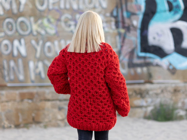 Red Cable Knit Wool Sweater – Hand-Knitted Women’s Chunky Turtleneck Pullover T1083