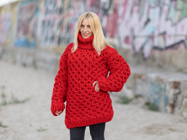 Red Cable Knit Wool Sweater – Hand-Knitted Women’s Chunky Turtleneck Pullover T1083