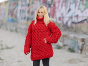 Roter Zopfstrickpullover aus Wolle – Handgestrickter klobiger Rollkragenpullover für Damen T1083