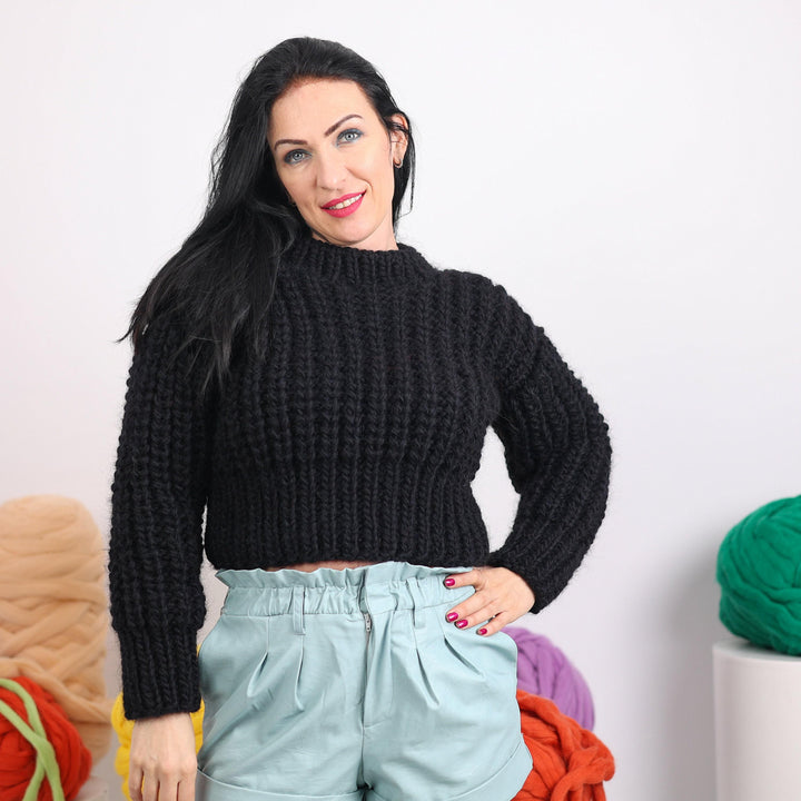 Wool Sweater Black Cropped English Rib Knit, Hand Knitted 100% Wool Jumper T1612