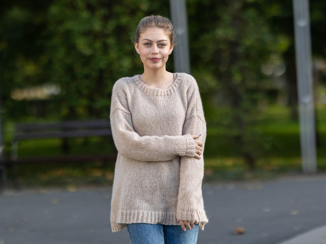 Wool Sweater Melange Crew Neck, Hand Knitted 100% Wool Winter Jumper T1746