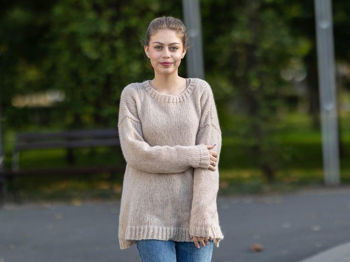 Wool Sweater Melange Crew Neck, Hand Knitted 100% Wool Winter Jumper T1746