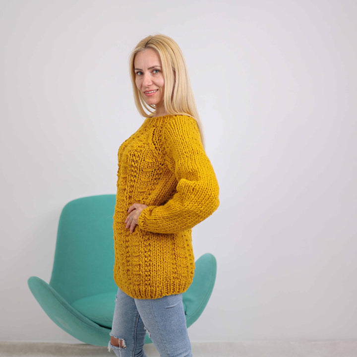 Cable knit 100 % wool sweater, Itchy wool Jumper , Hand knitted Mustard yellow pullover T1886