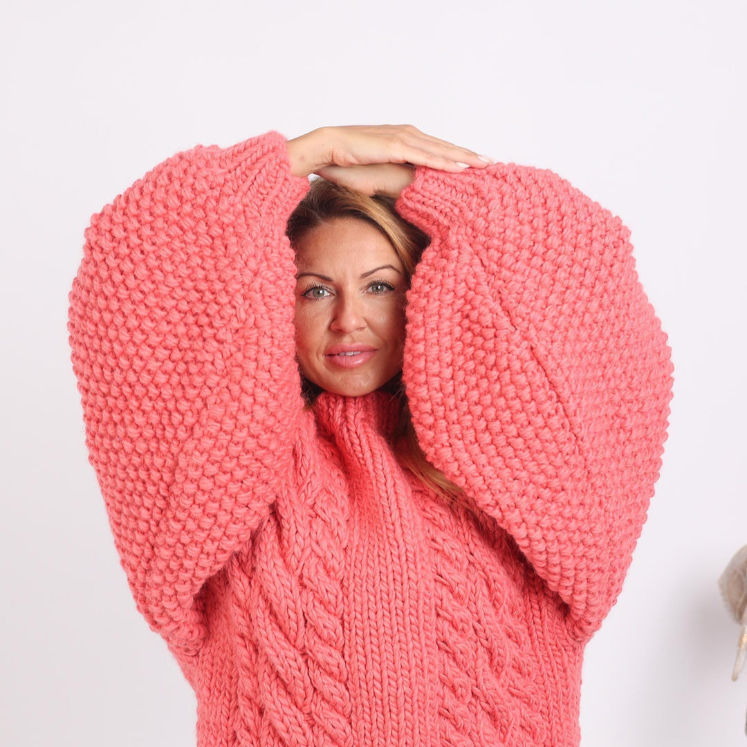 Pink Wool Sweater with Extra Wide Sleeves, Hand Knitted Chunky Wool Jumper T1725