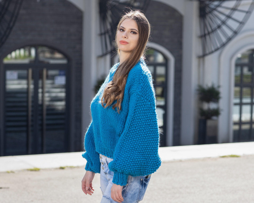 Wool Sweater Blue Short Knit with Oversized Sleeves, Hand Knitted 100% Wool Jumper T1025