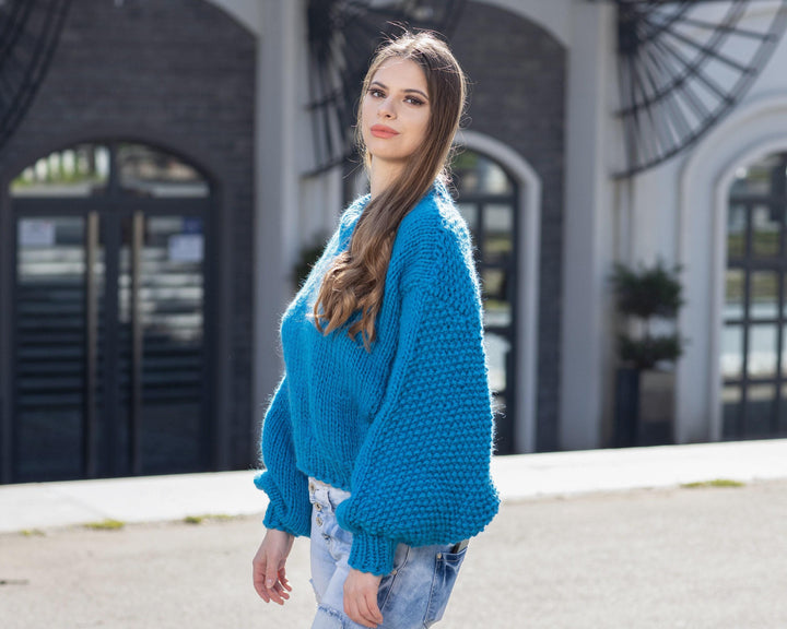 Wool Sweater Blue Short Knit with Oversized Sleeves, Hand Knitted 100% Wool Jumper T1025