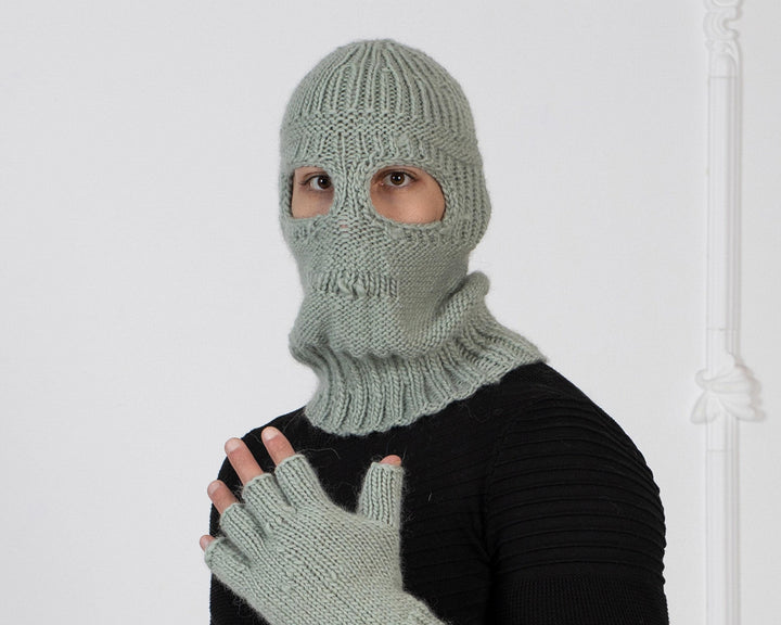 Hand-Knitted Gray Wool Hat – Slouchy Balaclava Beanie for Winter T1006