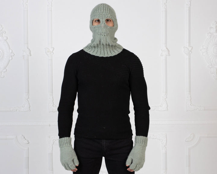Hand-Knitted Gray Wool Hat – Slouchy Balaclava Beanie for Winter T1006