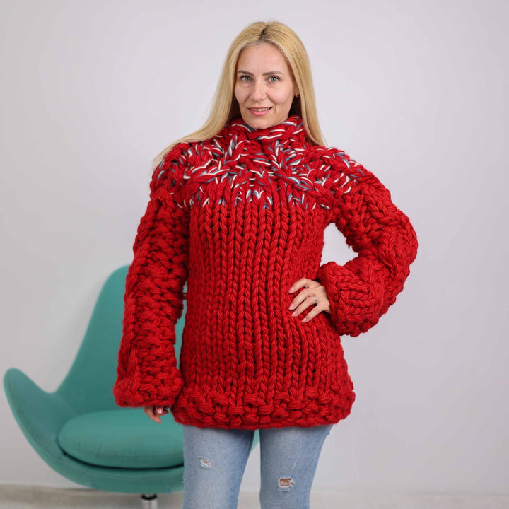 10-Strand Chunky Cable Knit Sweater – Hand-Knitted Wool Blend Jumper T1884