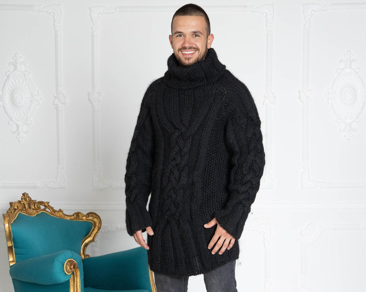 Hand-Knitted Black Wool Sweater – Chunky Cable Knit Woolen Jumper T636