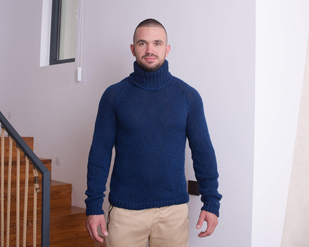 Raw Wool Itchy Sweater – Hand-Knit Chunky Turtleneck Loose Men’s Pullover T824M