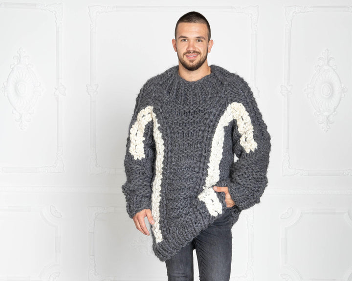 5-Strand Hand-Knitted Gray Wool Sweater – Chunky Cable Knit Pullover T633M