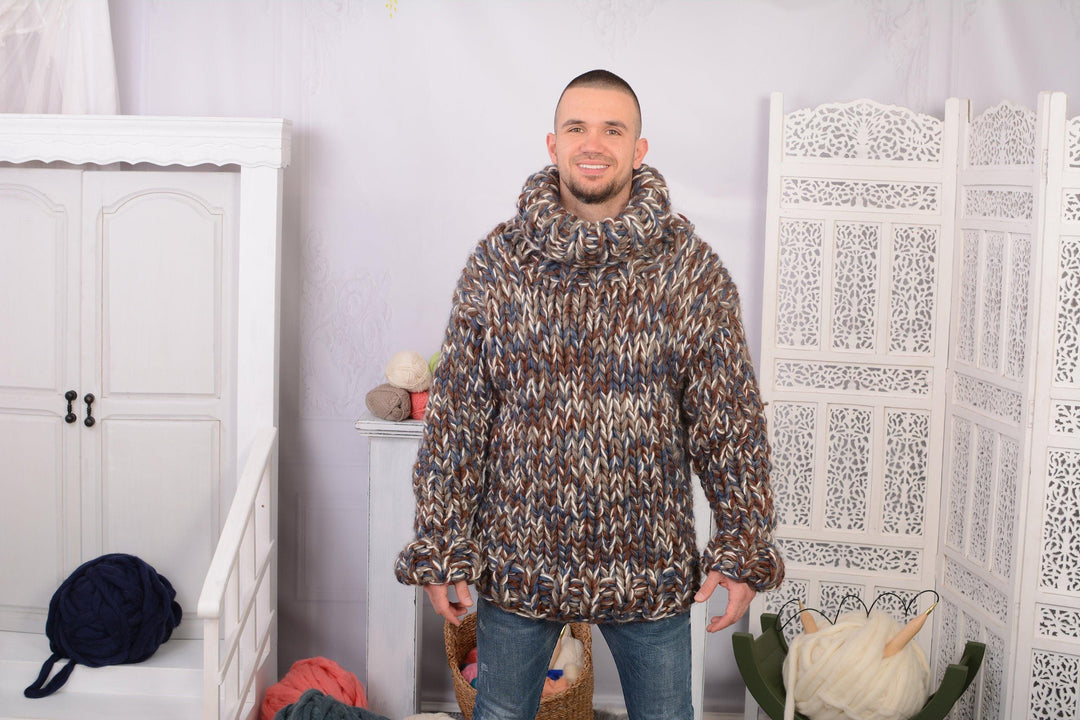 Chunky 7-Strand Hand-Knitted Wool Sweater – Melange Heavy Pullover T724M