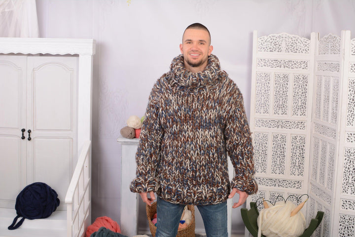 Chunky 7-Strand Hand-Knitted Wool Sweater – Melange Heavy Pullover T724M