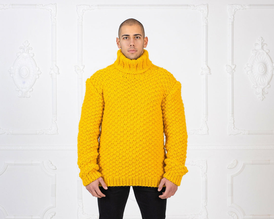 Yellow Moss Stitch Wool Sweater – Hand-Knitted Mustard Woolen Jumper T960M