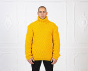 Pull en laine jaune point de mousse – Pull en laine moutarde tricoté main T960M