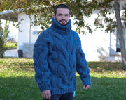 Blue 5-Strand Soft Wool Mega-Chunky Cable Turtleneck Sweater T660M