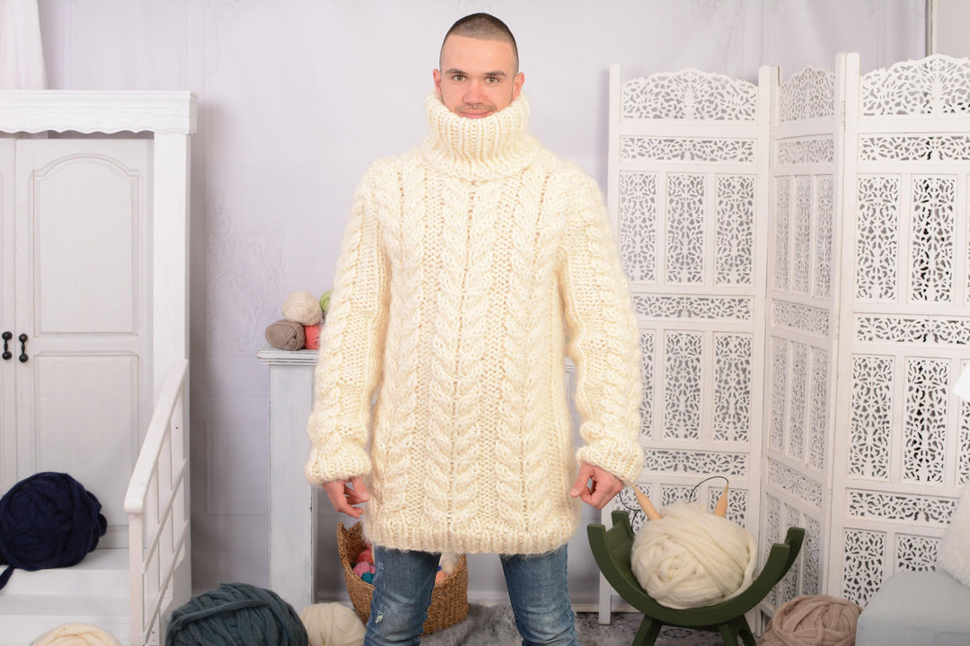 Hand-Knitted Chunky Sweater – Mohair and Soft Wool Blend Turtleneck Jumper T730M