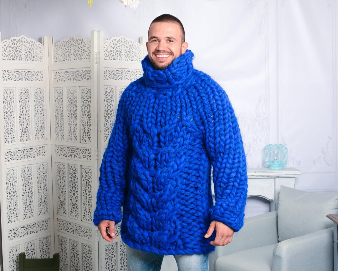 Hand-Knitted Chunky Sweater – Mohair, Merino Roving & Soft Wool Blend Pullover T791M