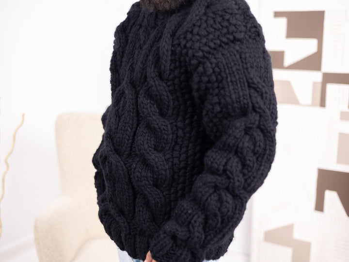 Chunky Black Wool Sweater – 5-Strand Hand-Knitted Cable Knit Men’s Pullover T1668