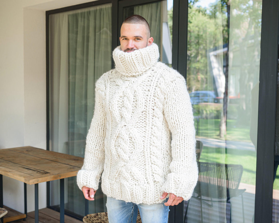 Wool Warm Cable Knit Sweater – Hand-Knitted Chunky Jumper T892M