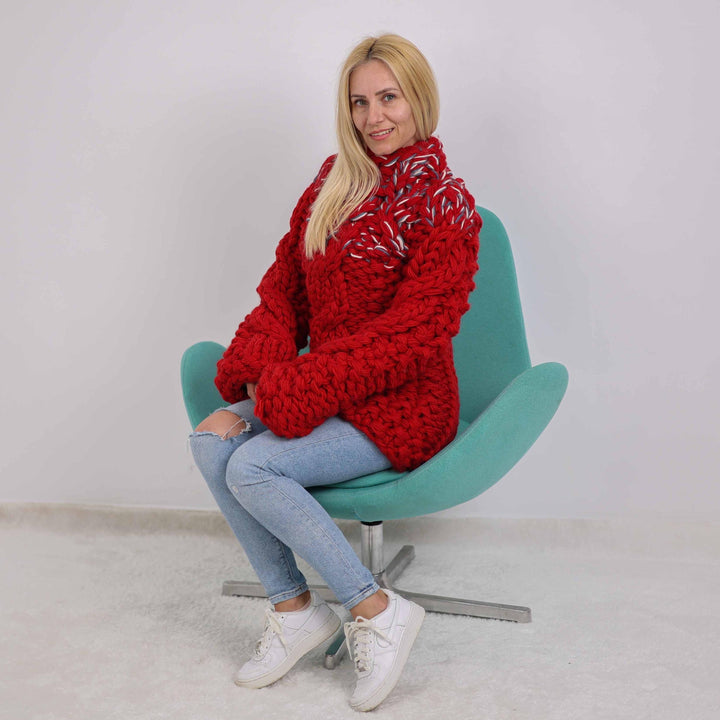 10-Strand Chunky Cable Knit Sweater – Hand-Knitted Wool Blend Jumper T1884