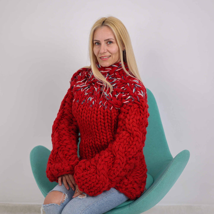 10-Strand Chunky Cable Knit Sweater – Hand-Knitted Wool Blend Jumper T1884