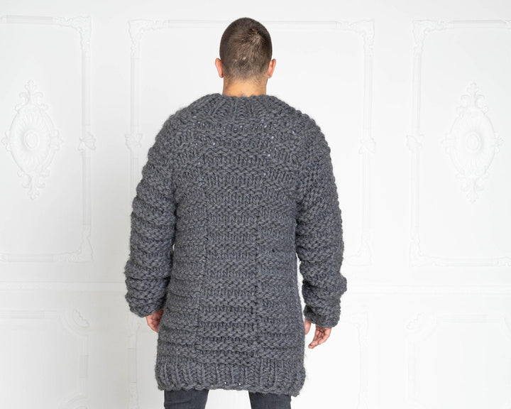 5-Strand Hand-Knitted Gray Wool Sweater – Chunky Cable Knit Pullover T633M