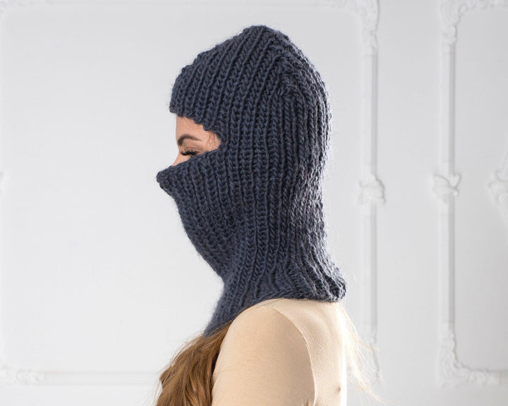 Oversized Gray Wool Hat – Knit Balaclava Beanie for Winter T1012