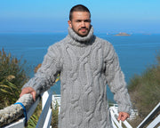 Großer Zopfmuster-Wollpullover – Grober handgestrickter grauer Pullover T661M