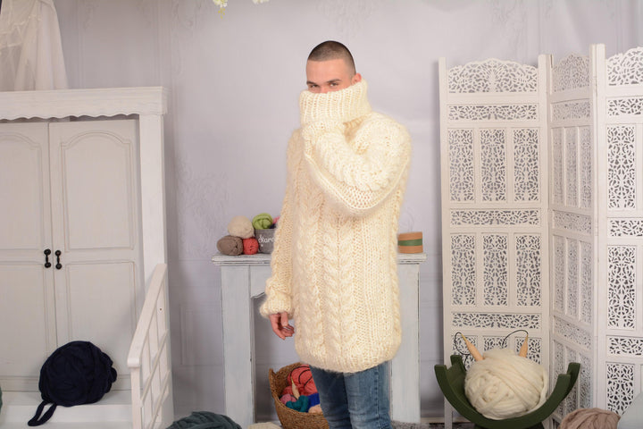 Hand-Knitted Chunky Sweater – Mohair and Soft Wool Blend Turtleneck Jumper T730M