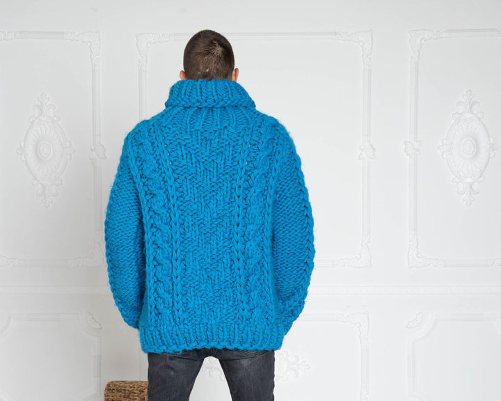 Chunky Blue Wool Sweater – 5-Strand Thick Hand-Knitted Woolen Jumper T627M
