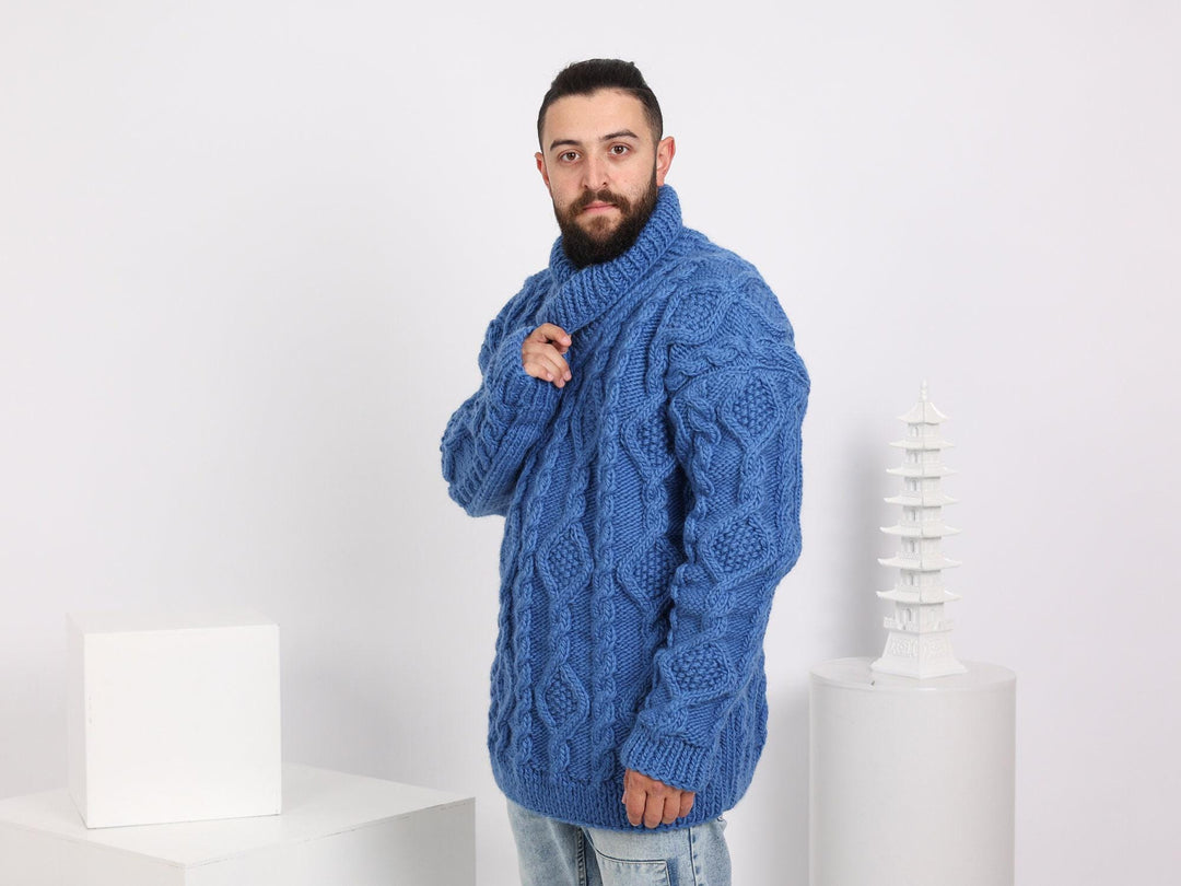 Hand-Knitted Wool Sweater – Blue Cable Knit Men’s Jumper T1630