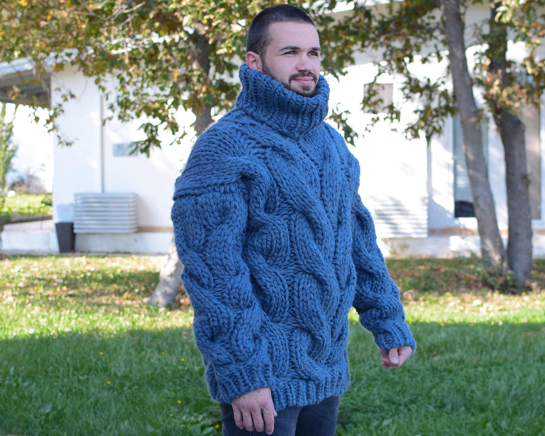 Blue Pure Wool Sweater – Mega Thick Hand-Knitted Cable Knit Turtleneck Pullover T660M