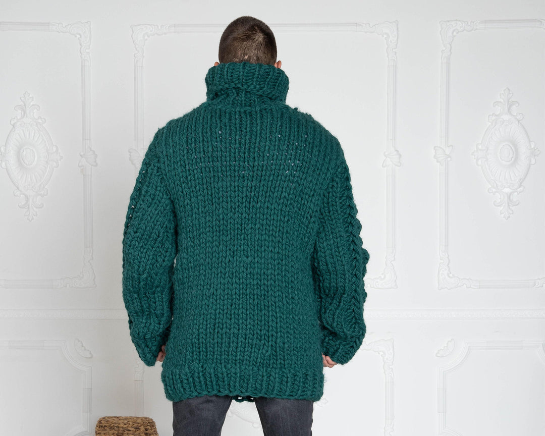 5-Strand Thick Green Wool Sweater – Massive Hand-Knitted Cable Knit Pullover T629M