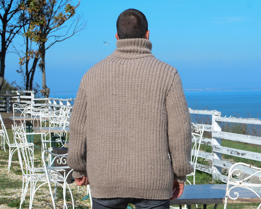 Men’s Wool Sweater – Hand-Knitted 100% Soft Raw Wool Jumper with Huge Turtleneck T664