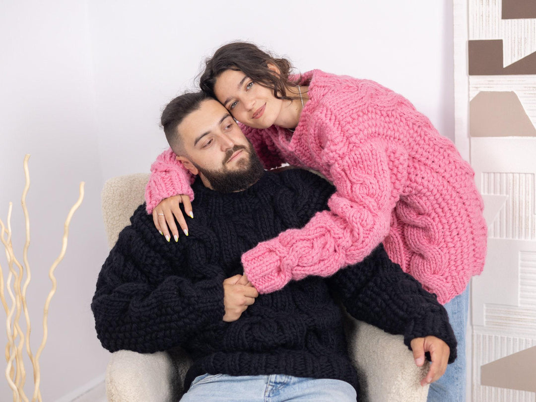 Chunky Black Wool Sweater – 5-Strand Hand-Knitted Cable Knit Men’s Pullover T1668