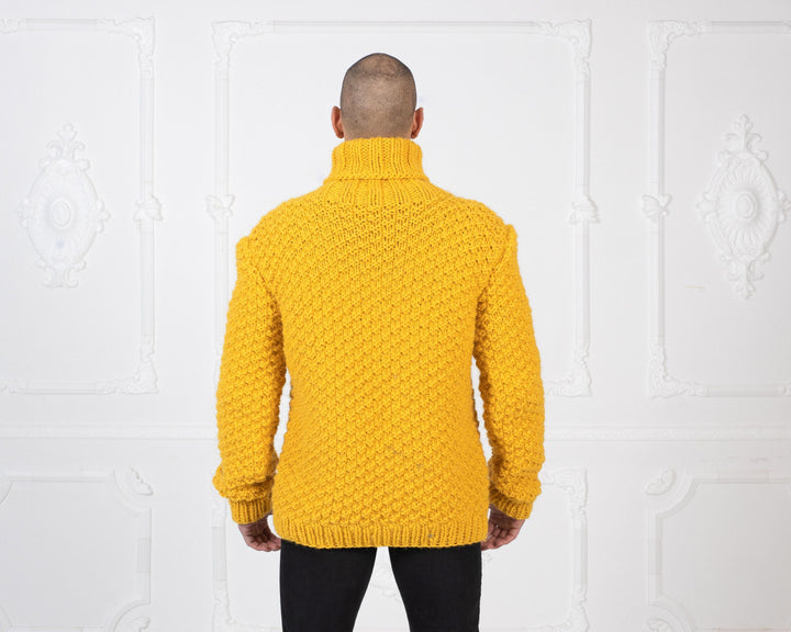 Yellow Moss Stitch Wool Sweater – Hand-Knitted Mustard Woolen Jumper T960M