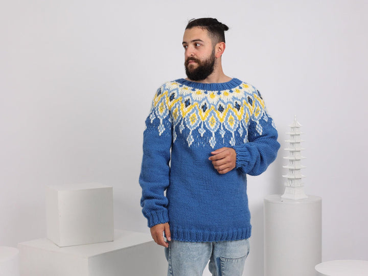 Hand-Knitted Icelandic Sweater – Men’s Blue Lopi Wool Jumper T1631