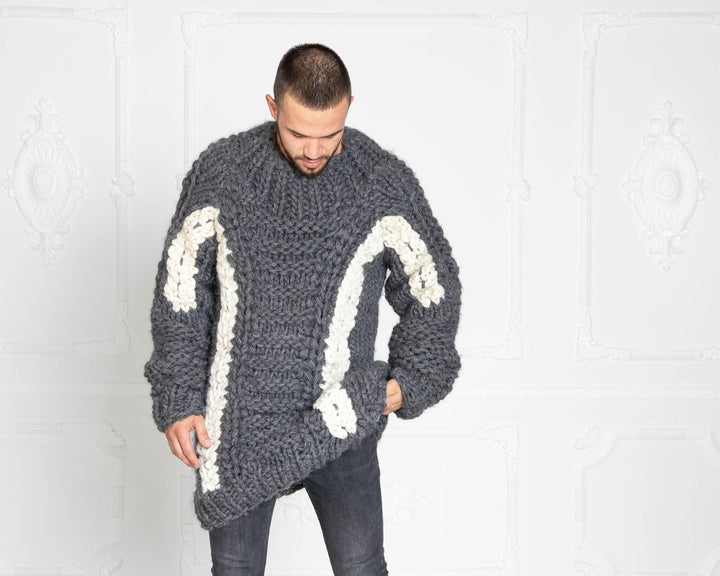 5-Strand Hand-Knitted Gray Wool Sweater – Chunky Cable Knit Pullover T633M
