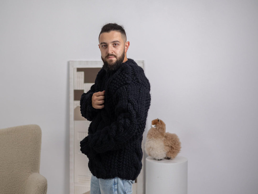 Chunky Black Wool Sweater – 5-Strand Hand-Knitted Cable Knit Men’s Pullover T1668