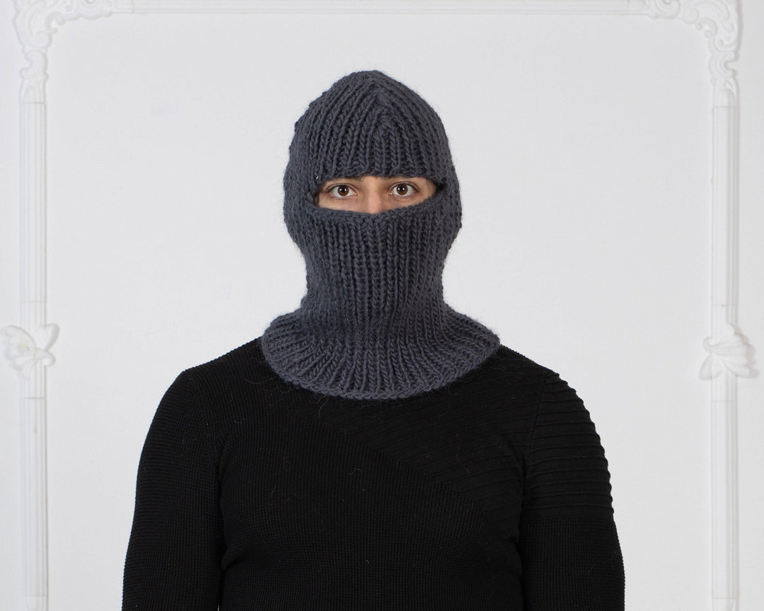 Oversized Gray Wool Hat – Knit Balaclava Beanie for Winter T1012