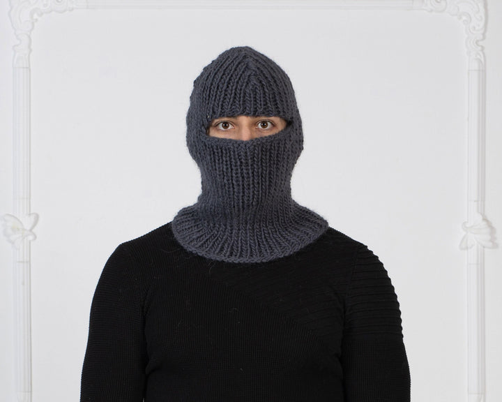 Oversized Gray Wool Hat – Knit Balaclava Beanie for Winter T1012