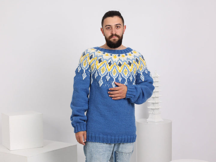 Hand-Knitted Icelandic Sweater – Men’s Blue Lopi Wool Jumper T1631