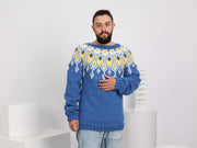 Pull Islandais Tricoté Main – Pull Bleu en Laine Lopi Homme T1631