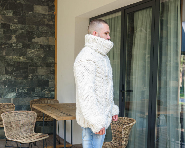 Wool Warm Cable Knit Sweater – Hand-Knitted Chunky Jumper T892M