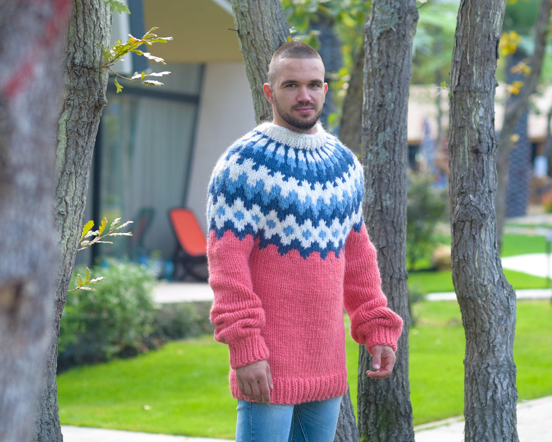 Hand-Knitted Lopi Wool Sweater – Icelandic Style Pink Jumper T823M