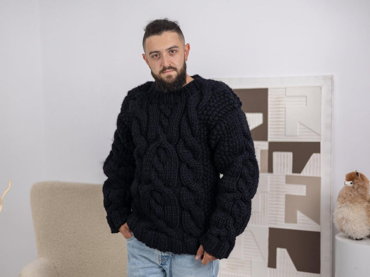 Chunky Black Wool Sweater – 5-Strand Hand-Knitted Cable Knit Men’s Pullover T1668